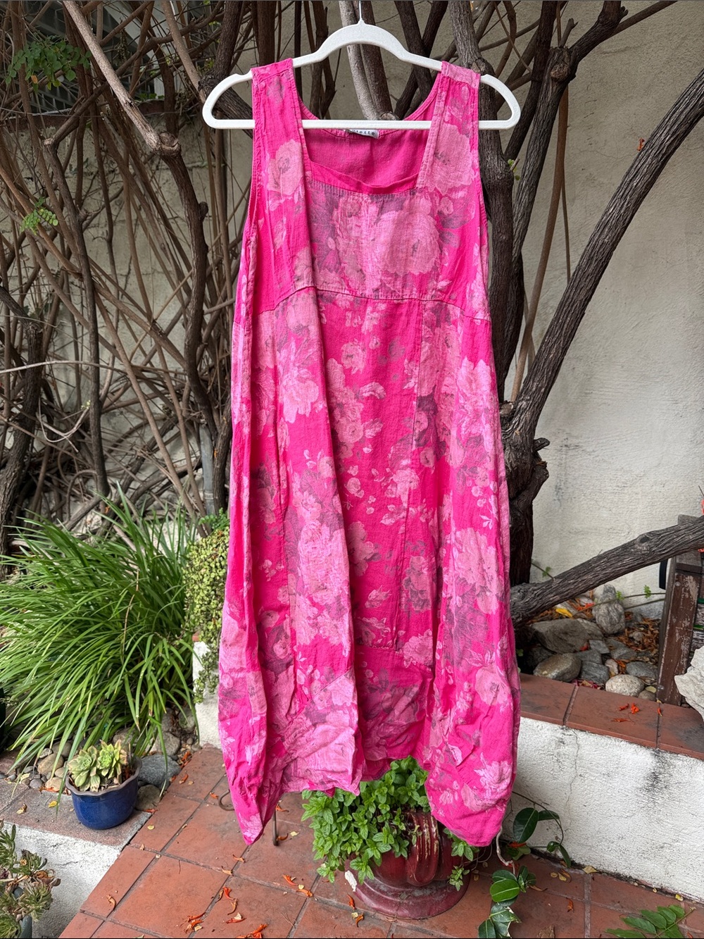 Bright Pink Floral Sleeveless Linen Maxi Dress